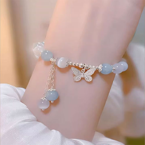 アクアマリンキャッツアイブレスレットレディースS925純銀軽