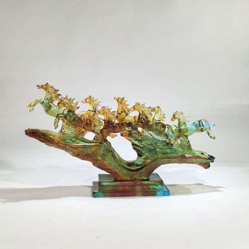 非遺伝統技法ガラス馬置物 八駿雄風ガラス芸術品