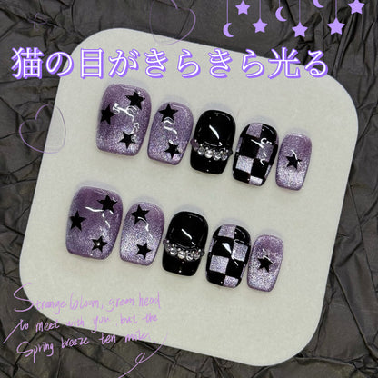 紫猫眼爆閃手画星格紋甘酷辣妹風格着用甲