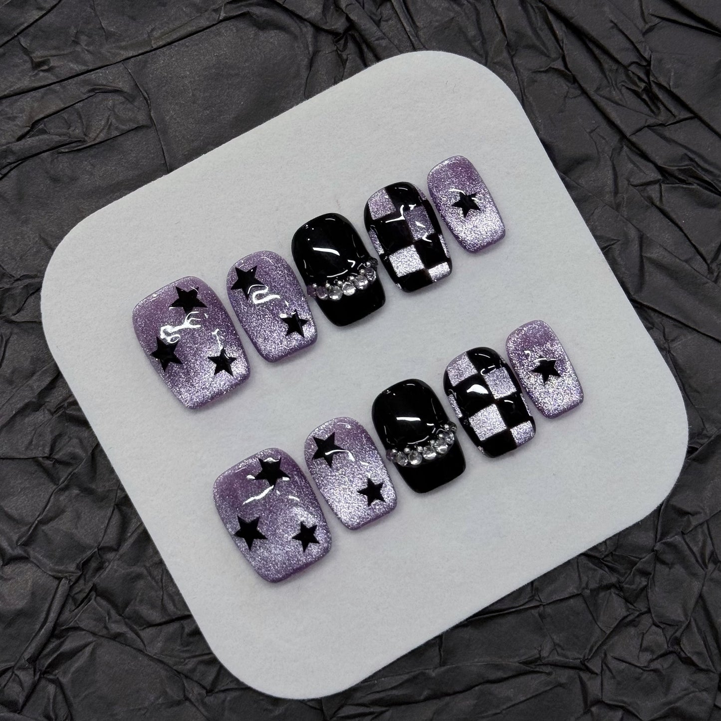 紫猫眼爆閃手画星格紋甘酷辣妹風格着用甲