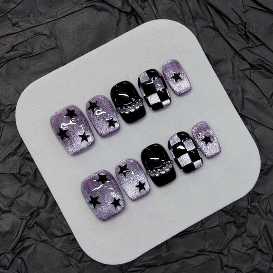 紫猫眼爆閃手画星格紋甘酷辣妹風格着用甲