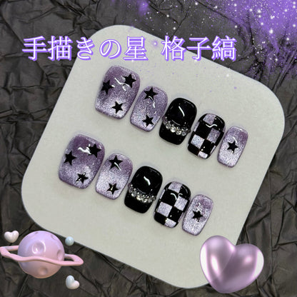 紫猫眼爆閃手画星格紋甘酷辣妹風格着用甲