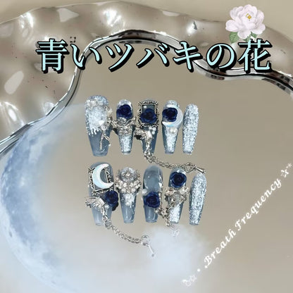 藍月星河純手制藍椿花立体装飾高級感重工チェーン氷雪のような台形着用甲