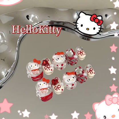 ハローキティ手作りの赤フレンチが可愛くて白っぽくて高級感があります立体装飾短方円着甲