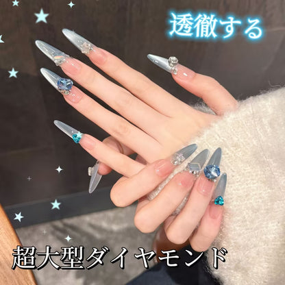 碧藍海波漸変猫眼小砕鈷超特大藍色宝石爆閃光療超長細楕円着用甲