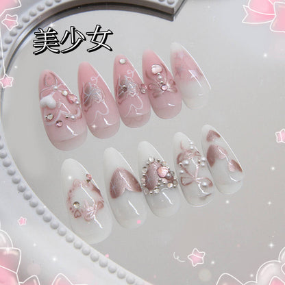 美少女手描きリボン砕いたダイヤが甘くてかわいい水滴形のネイルを飾り