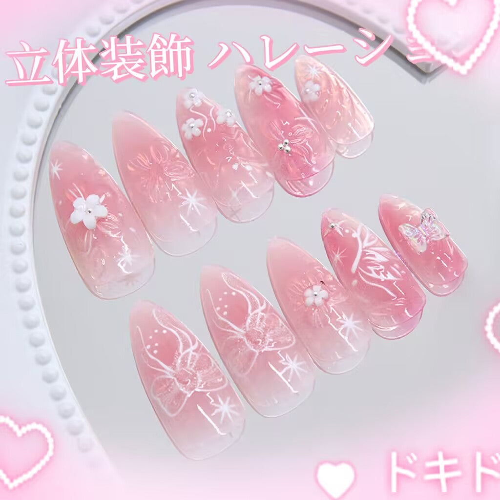 水蜜桃の夢の世界の立体猫の目氷の花めかして純手働の蝶の白い花装飾アーモンド型の甲を着用し