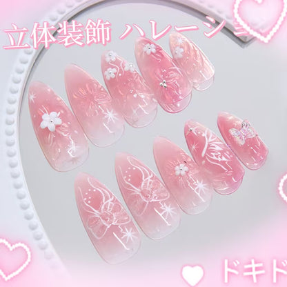 水蜜桃の夢の世界の立体猫の目氷の花めかして純手働の蝶の白い花装飾アーモンド型の甲を着用し