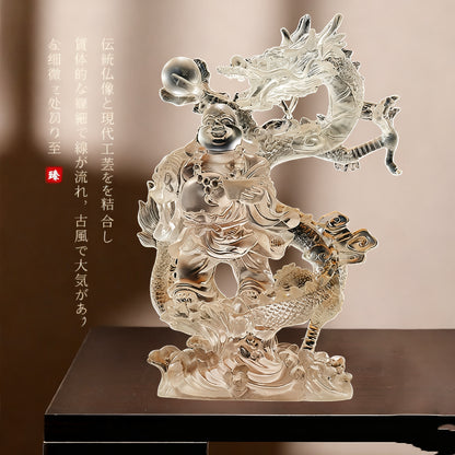 古法手作り瑠璃  干支龍  昇龍ミロク仏置物