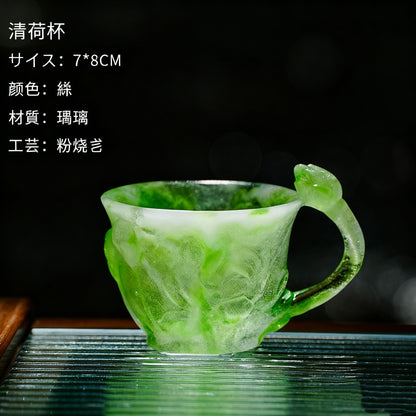 古法琉璃失蜡法に蓮葉・蓮花・花蕾の浮彫り（開水不可）