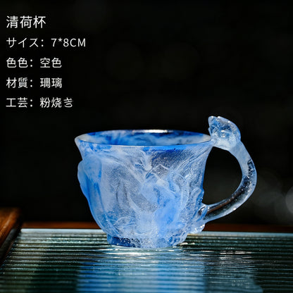 古法琉璃失蜡法に蓮葉・蓮花・花蕾の浮彫り（開水不可）