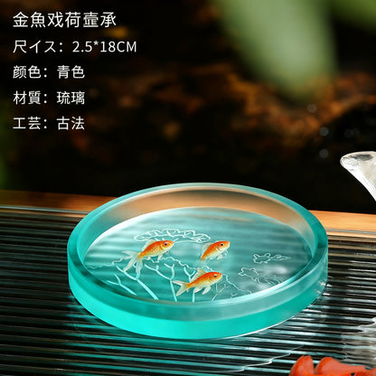 古法琉璃円形金魚戯蓮葉  花骨朵壺