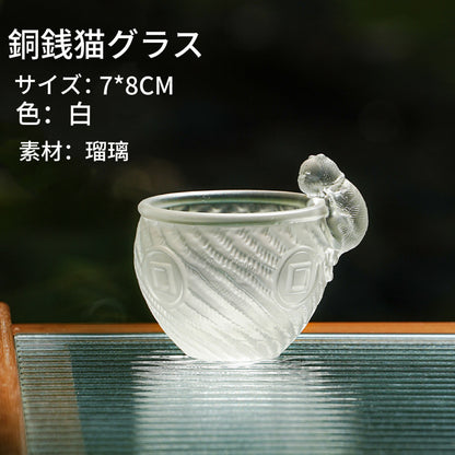 瑠璃銅銭猫カップ  可愛い女性用茶杯茶碗