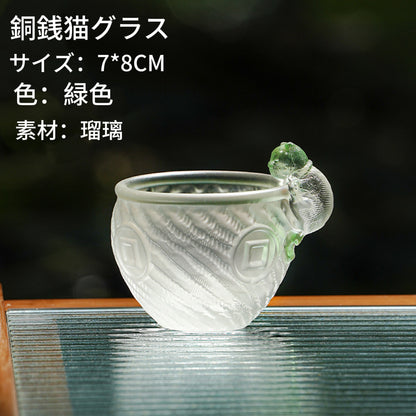 瑠璃銅銭猫カップ  可愛い女性用茶杯茶碗