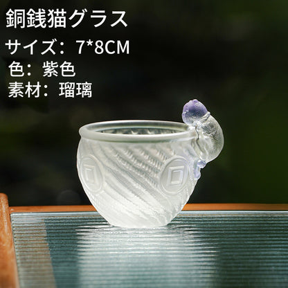 瑠璃銅銭猫カップ  可愛い女性用茶杯茶碗