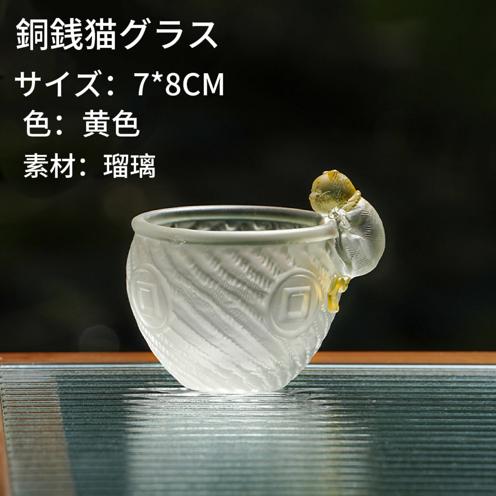 瑠璃銅銭猫カップ  可愛い女性用茶杯茶碗