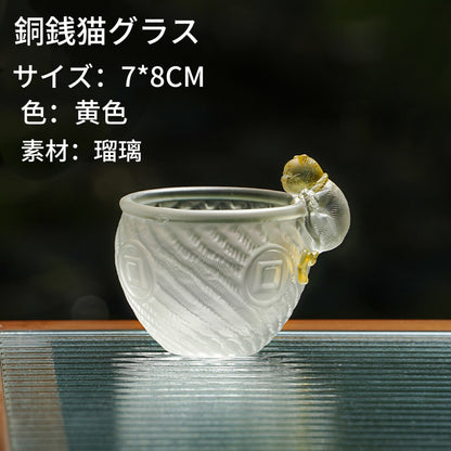 瑠璃銅銭猫カップ  可愛い女性用茶杯茶碗