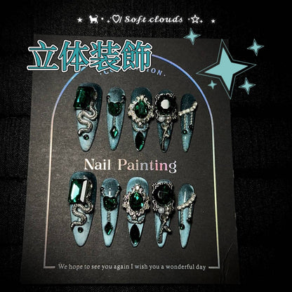 美杜莎翠緑蛇林高級神秘感純手制重工立体装飾猫目爆閃長楕円着用甲