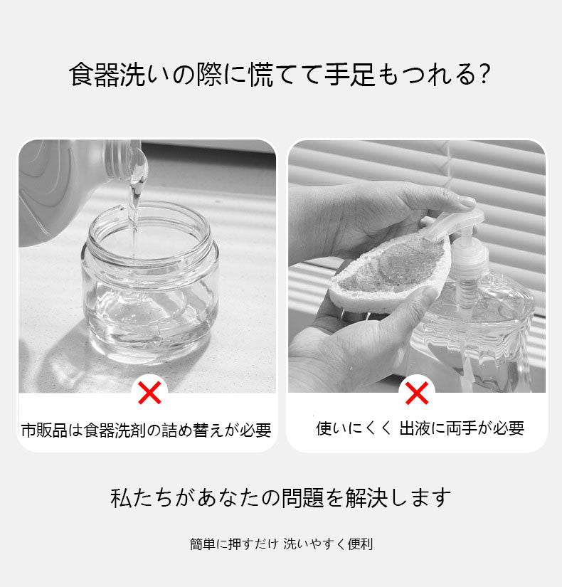 台所シンク用 家庭用洗剤プッシュポンプ｜ハンドソープ・食器洗い液用プレスディスペンサー｜スポンジ・食器ブラシ付き 液出し便利ツール