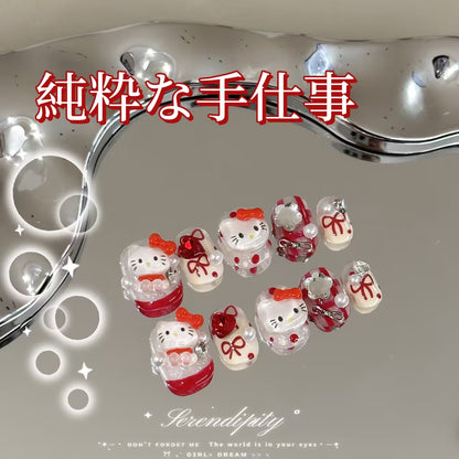ハローキティ手作りの赤フレンチが可愛くて白っぽくて高級感があります立体装飾短方円着甲