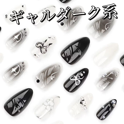 黒ぼかし  3D立体純手手描きリボン  四芒星真珠装飾  ギャル暗黒系アーモンド型着用甲