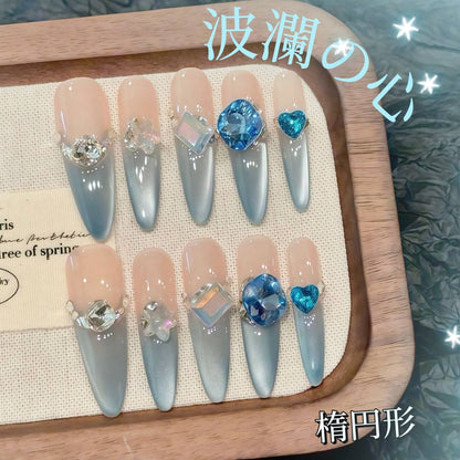 碧藍海波漸変猫眼小砕鈷超特大藍色宝石爆閃光療超長細楕円着用甲