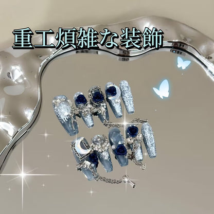 藍月星河純手制藍椿花立体装飾高級感重工チェーン氷雪のような台形着用甲