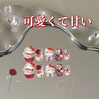 ハローキティ手作りの赤フレンチが可愛くて白っぽくて高級感があります立体装飾短方円着甲