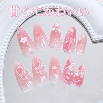 水蜜桃の夢の世界の立体猫の目氷の花めかして純手働の蝶の白い花装飾アーモンド型の甲を着用し