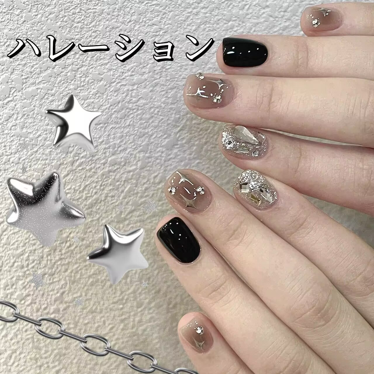 黒銀の星空の四芒星にめまいひらめきダイヤモンドを手でデザインして新しい短い台形を身に着け