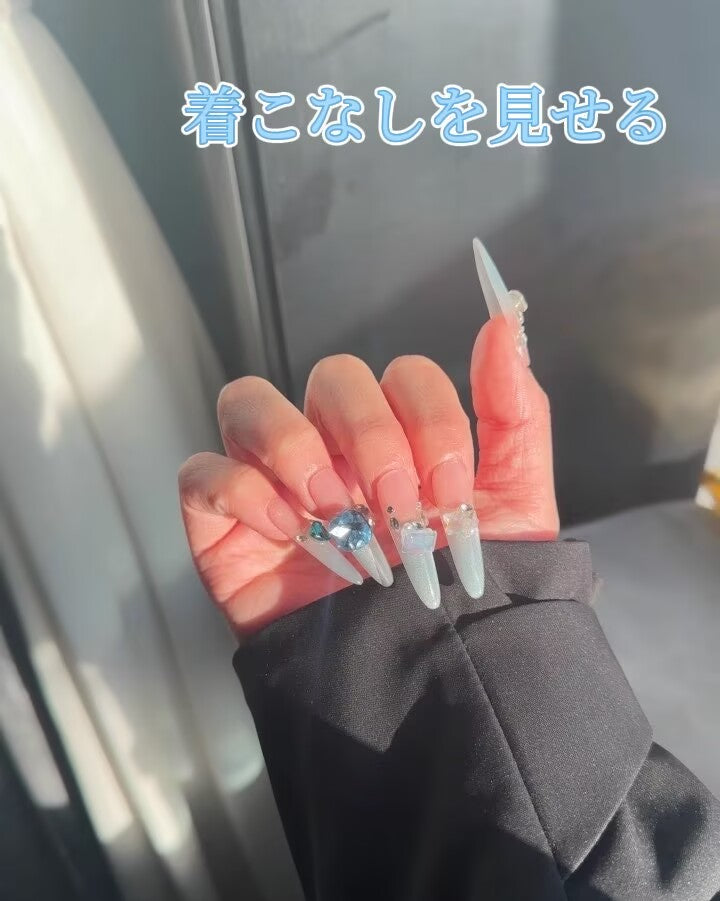 碧藍海波漸変猫眼小砕鈷超特大藍色宝石爆閃光療超長細楕円着用甲