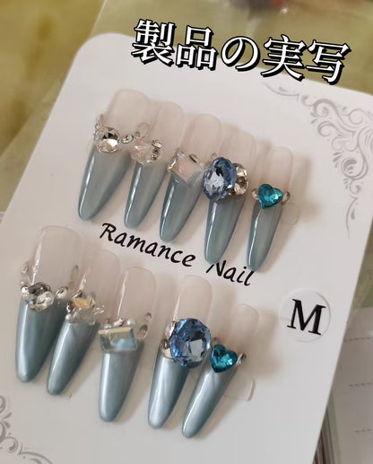 碧藍海波漸変猫眼小砕鈷超特大藍色宝石爆閃光療超長細楕円着用甲