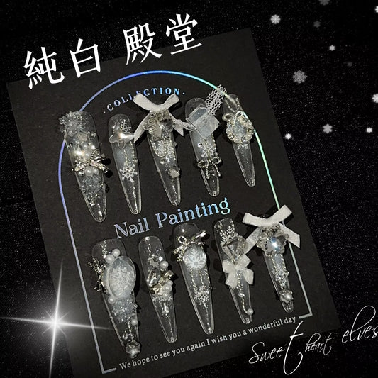 【純白の殿堂】冬シリーズ手作立体パールリボン飾りいっぱいダイヤ爆閃精緻高級細長着用甲