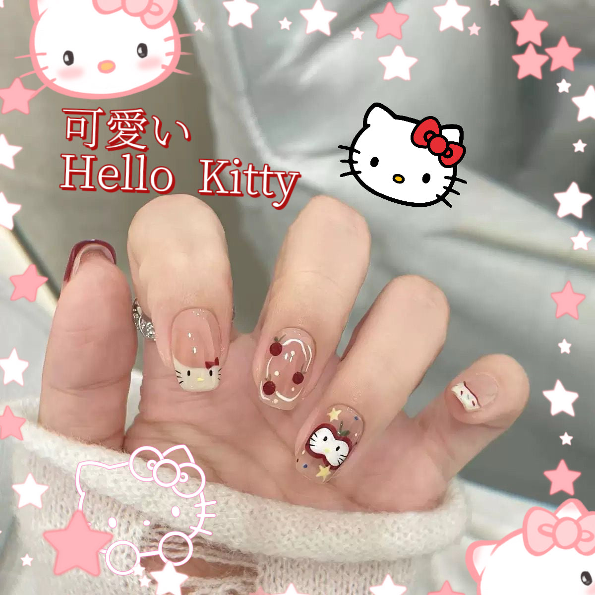 着甲超可愛可愛林檎kitty顕白ネイル可分解短甲片手装甘妹ins手画