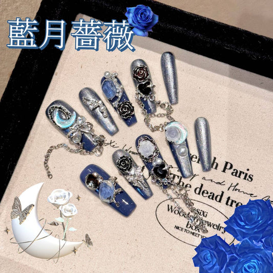 藍月蔷薇軽奢重工ダイヤモンドデザイン銀猫眼小衆神秘的高級着用甲