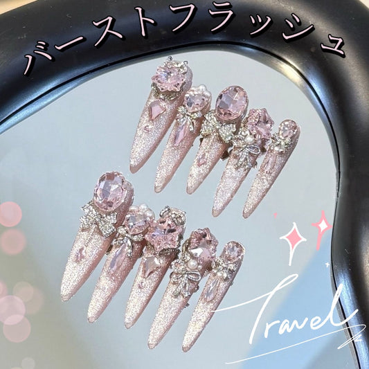 【少女心事】爆閃鳩ダイヤモンドピンク猫眼立体装飾蝶結び真珠装飾細長着用甲