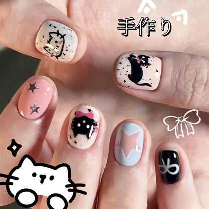 手描きの猫の模様が面白いニャンコ可愛い 短い方円を取り外して甲を身につけることができる