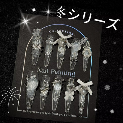 【純白の殿堂】冬シリーズ手作立体パールリボン飾りいっぱいダイヤ爆閃精緻高級細長着用甲