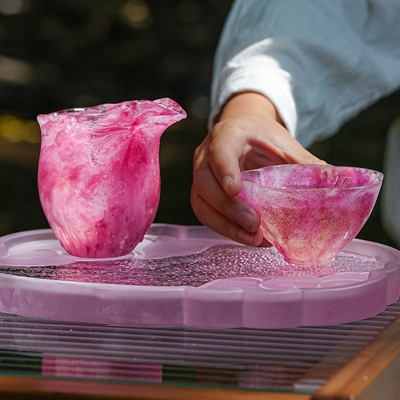 古法瑠璃   粉焼き瑠璃  芙蓉花口酒杯