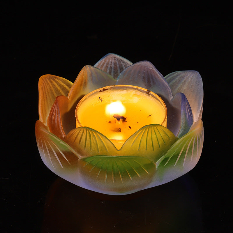 七彩琉璃の蓮花形油灯台  長明灯ろうそく台