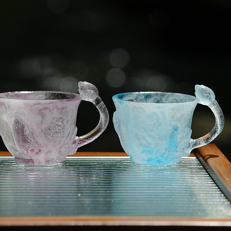 古法琉璃失蜡法に蓮葉・蓮花・花蕾の浮彫り（開水不可）