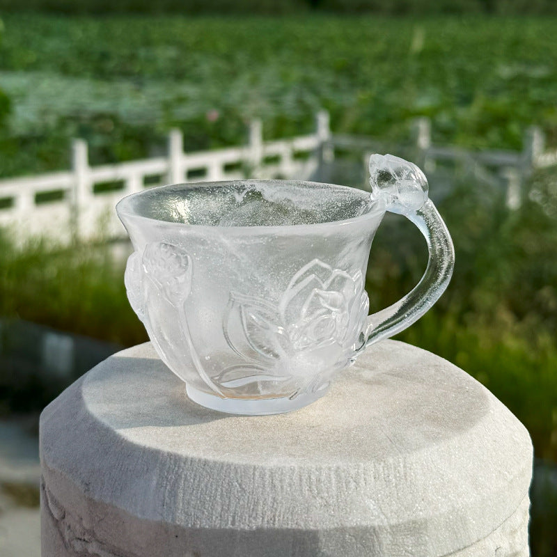 古法琉璃失蜡法に蓮葉・蓮花・花蕾の浮彫り（開水不可）