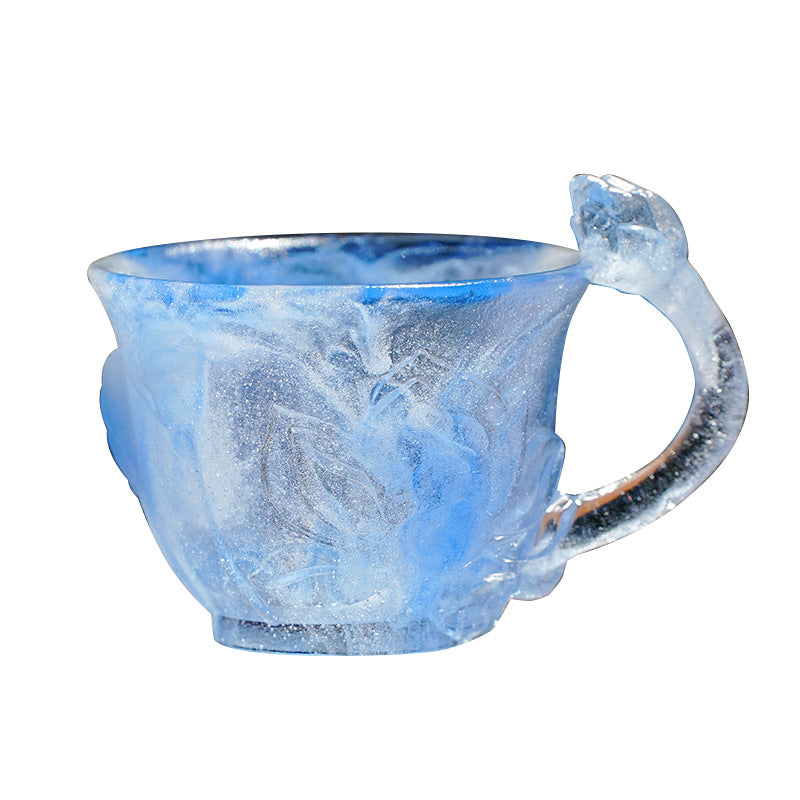 古法琉璃失蜡法に蓮葉・蓮花・花蕾の浮彫り（開水不可）