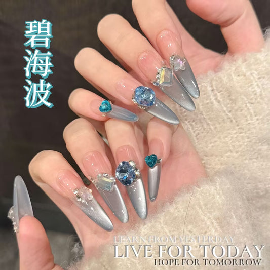 碧藍海波漸変猫眼小砕鈷超特大藍色宝石爆閃光療超長細楕円着用甲