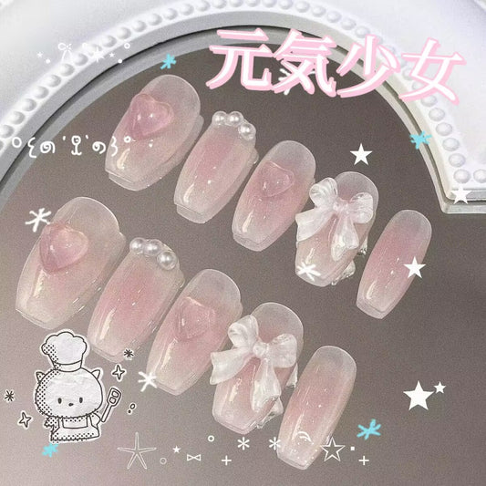 乙女心元気乙女リボンハートパール立体装飾チークグラデーションヌードピンク台形着甲