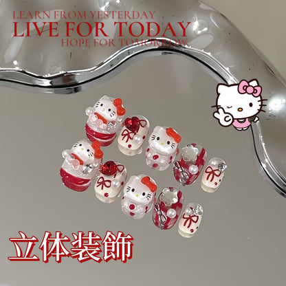 ハローキティ手作りの赤フレンチが可愛くて白っぽくて高級感があります立体装飾短方円着甲