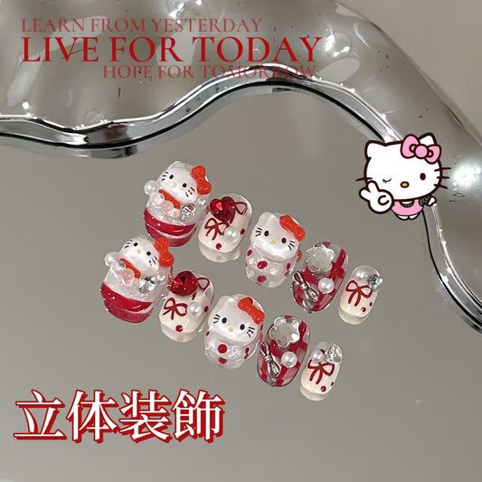 ハローキティ手作りの赤フレンチが可愛くて白っぽくて高級感があります立体装飾短方円着甲