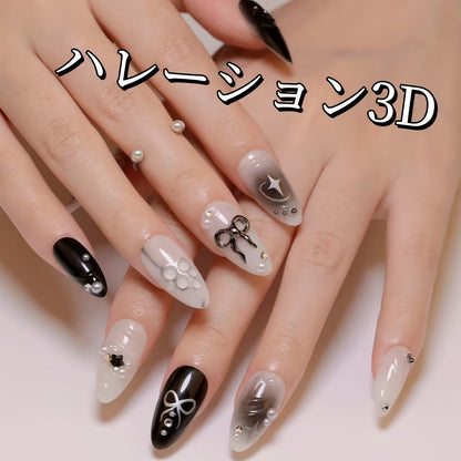 黒ぼかし  3D立体純手手描きリボン  四芒星真珠装飾  ギャル暗黒系アーモンド型着用甲