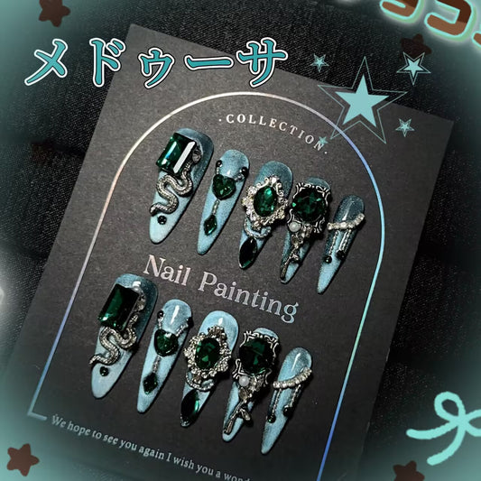 美杜莎翠緑蛇林高級神秘感純手制重工立体装飾猫目爆閃長楕円着用甲