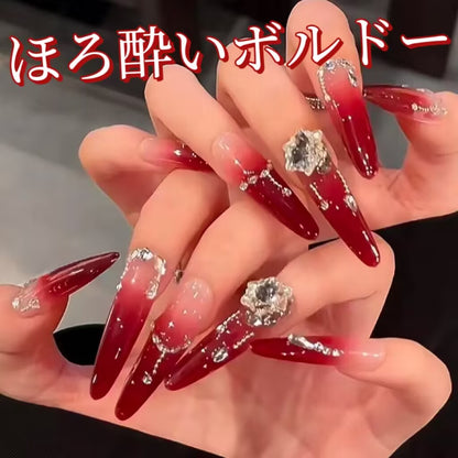 ほろ酔いボルドー純手づくり赤グラデーション立体装飾ダイヤモンド超多キラキラギャルお姉さん超ロング着甲